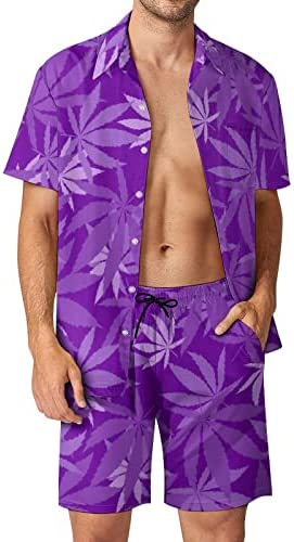 BAIKUTOUAN Purple Weed Multiple Leaves Men's Hawaiian Casual Beach Suits Short Sleeve Button Down Shirts Shorts Set