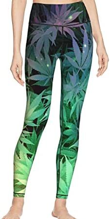 High Waist Yoga Pants Leggings for Women Leaf Weed Tummy Control Workout Pants Stretch Yoga Leggings