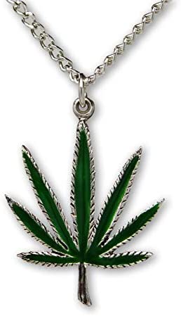 Marijuana Weed Pot Leaf Green Enamel on Silver Finish Pewter Pendant Necklace